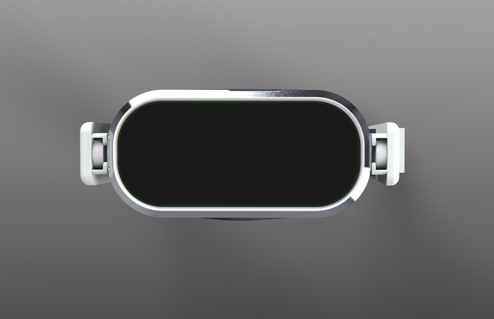 The IRIS headset seen from the front, an open frame with a soft fixation band, no clamped mesh