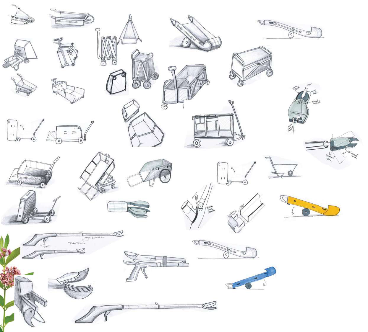 Concept development sketches for the Monarch milkweed picking station, exploring picker devices, cutting heads, receptacle frames and wheel arrangements