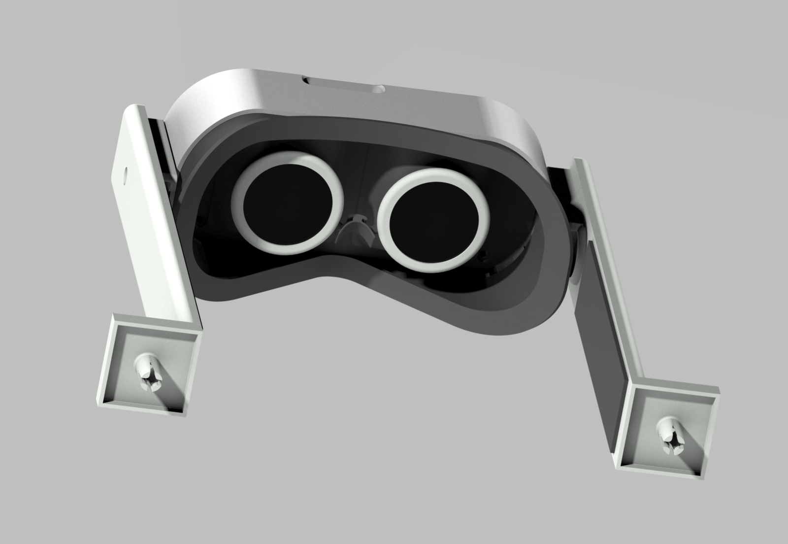 Immersive VR headset — lens housing and head-mount, three-quarter view