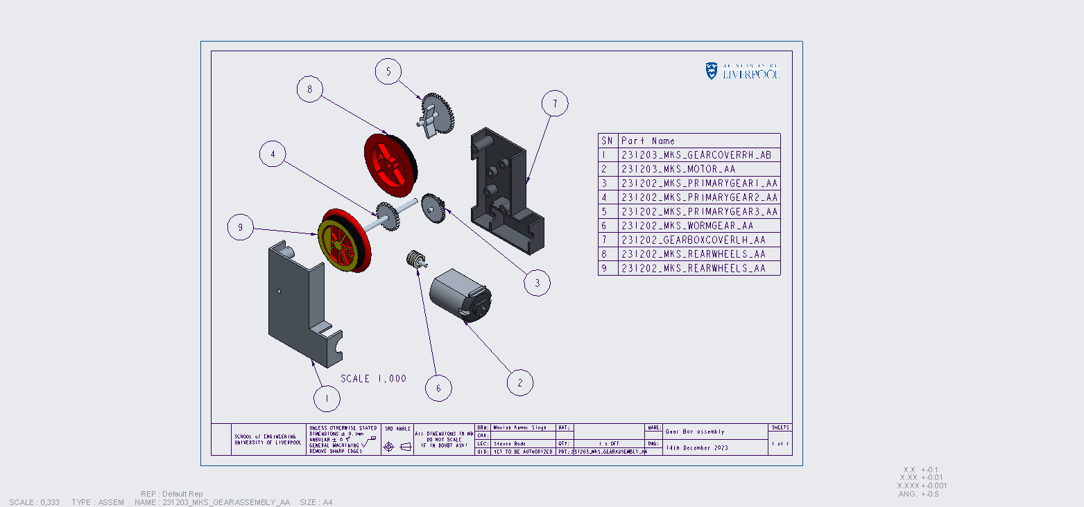 Exploded engineering drawing of the gearbox assembly